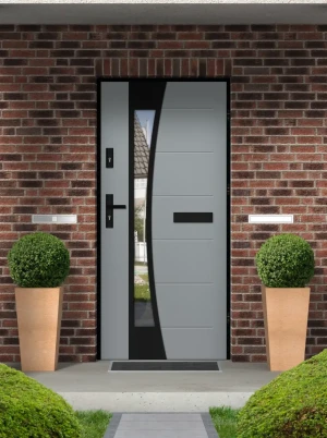 Model BELLIS LOFT PREMIUM 72 mm front door with black frame and black handle – energy efficient [Ud=1.1] modern external door with mirrored glass