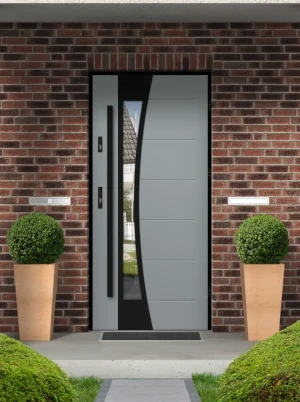 Model BELLIS LOFT PREMIUM 72 mm front door with black frame and black bar – energy efficient [Ud=1.1] modern external door with mirrored glass