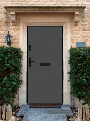 Model DRACO LOFT PREMIUM 72 mm front door with black frame and black handle – energy efficient [Ud=1.1] modern external door