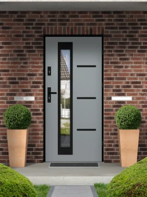 Model GRECA LOFT PREMIUM 72 mm front door with black frame and black handle – energy efficient [Ud=1.1] modern external door with mirrored glass