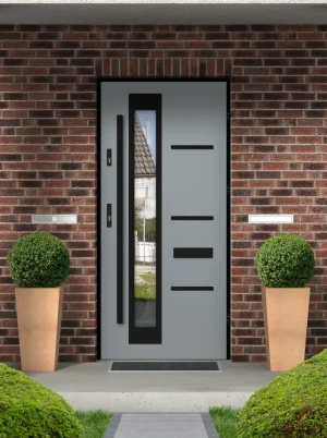 Model GRECA LOFT PREMIUM 72 mm front door with black frame and black bar – energy efficient [Ud=1.1] modern external door with mirrored glass