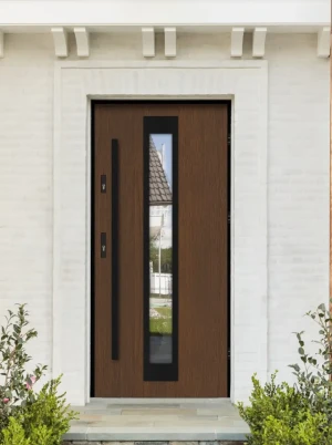 Model IGUANA LOFT PREMIUM 72 mm front door with black frame and black bar – energy efficient [Ud=1.1] modern external door with mirrored glass