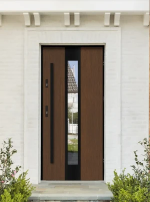 Model PAPUA LOFT PREMIUM 72 mm front door with black frame and black bar – energy efficient [Ud=1.1] modern external door with mirrored glass