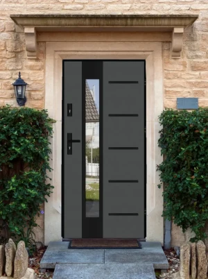Model UTA LOFT PREMIUM 72 mm front door with black frame and black handle – energy efficient [Ud=1.1] modern external door with mirrored glass