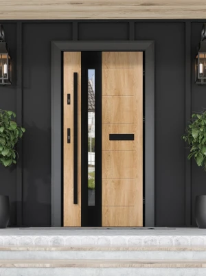 Model TULUZA LOFT PREMIUM 72 mm front door with black frame and black bar – energy efficient [Ud=1.1] modern external door with mirrored glass