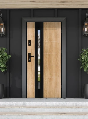 Model TULUZA LOFT PREMIUM 72 mm front door with black frame and black handle – energy efficient [Ud=1.1] modern external door with mirrored glass