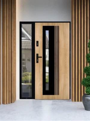 Model COLLARIS LOFT PREMIUM 72 mm front door with sidelight / side panel with black frame and black handle - energy efficient modern external door wit
