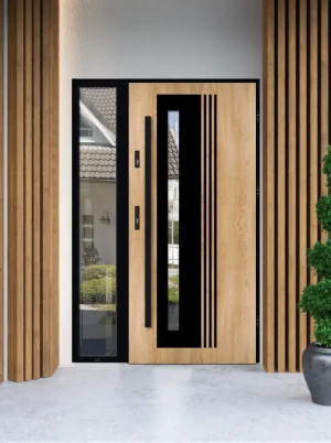 Model COLLARIS LOFT PREMIUM 72 mm front door with sidelight / side panel with black frame and black bar - energy efficient modern external door with m