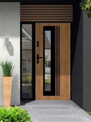 Model VARIUS LOFT PREMIUM 72 mm front door with sidelight / side panel with black frame and black handle - energy efficient modern external door with