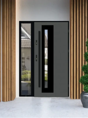 Anthracite grey Modern Front Door with Side Panel | AluSteel | Black Frame |
