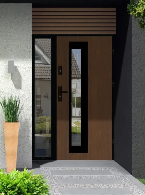 Model PALLAS LOFT PREMIUM 72 mm front door with sidelight / side panel with black frame and black handle - energy efficient modern external door with