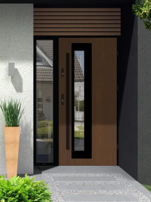 Model PALLAS LOFT PREMIUM 72 mm front door with sidelight / side panel with black frame and black bar - energy efficient modern external door with mir