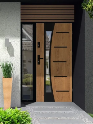 Model AGAMA LOFT PREMIUM 72 mm front door with sidelight / side panel with black frame and black handle - energy efficient modern external door with m