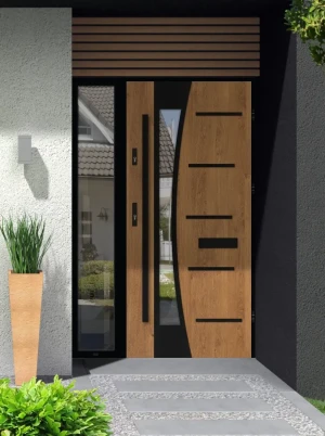Model AGAMA LOFT PREMIUM 72 mm front door with sidelight / side panel with black frame and black bar - energy efficient modern external door with mirr