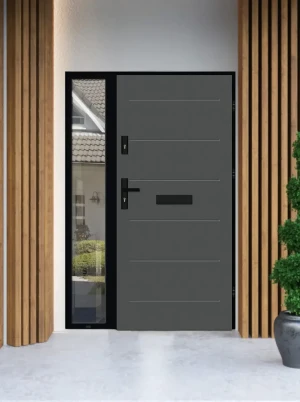 Model AVON LOFT PREMIUM 72 mm front door with sidelight / side panel with black frame and black handle - energy efficient modern external door with mi