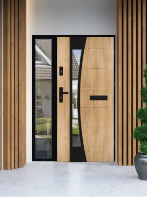 Model BELLIS LOFT PREMIUM 72 mm front door with sidelight / side panel with black frame and black handle - energy efficient modern external door with