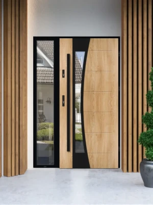 Model BELLIS LOFT PREMIUM 72 mm front door with sidelight / side panel with black frame and black bar - energy efficient modern external door with mir