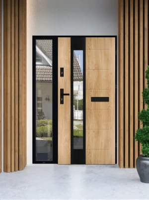 Model CAIMAN LOFT PREMIUM 72 mm front door with sidelight / side panel with black frame and black handle - energy efficient modern external door with