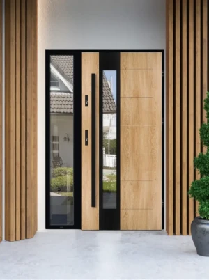 Model CAIMAN LOFT PREMIUM 72 mm front door with sidelight / side panel with black frame and black bar - energy efficient modern external door with mir
