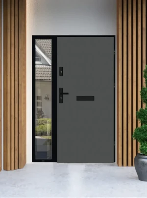 Model DRACO LOFT PREMIUM 72 mm front door with sidelight / side panel with black frame and black handle - energy efficient modern external door with m