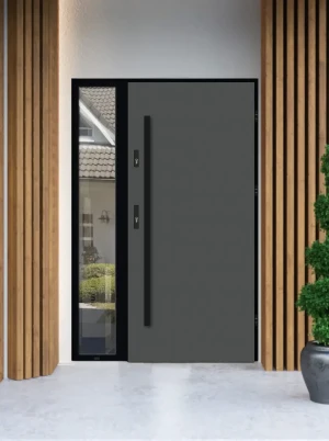 Model DRACO LOFT PREMIUM 72 mm front door with sidelight / side panel with black frame and black bar - energy efficient modern external door with mirr