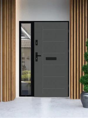 Model GEKKO LOFT PREMIUM 72 mm front door with sidelight / side panel with black frame and black handle - energy efficient modern external door with m