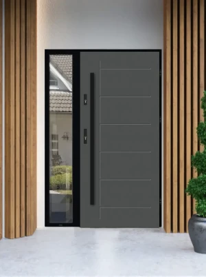 Model GEKKO LOFT PREMIUM 72 mm front door with sidelight / side panel with black frame and black bar - energy efficient modern external door with mirr