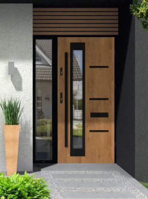 Oak Modern Front Door with Side Panel | AluSteel | Black Frame |