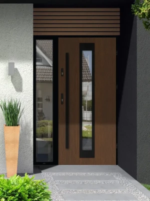 Model IGUANA LOFT PREMIUM 72 mm front door with sidelight / side panel with black frame and black bar - energy efficient modern external door with mir