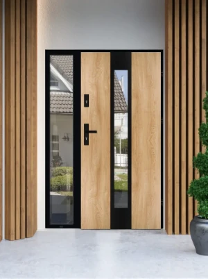 Model PAPUA LOFT PREMIUM 72 mm front door with sidelight / side panel with black frame and black handle - energy efficient modern external door with m