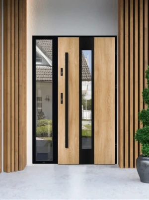 Model PAPUA LOFT PREMIUM 72 mm front door with sidelight / side panel with black frame and black bar - energy efficient modern external door with mirr