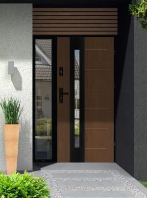 Model TULUZA LOFT PREMIUM 72 mm front door with sidelight / side panel with black frame and black handle - energy efficient modern external door with