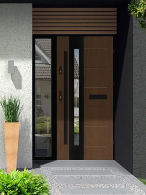 Model TULUZA LOFT PREMIUM 72 mm front door with sidelight / side panel with black frame and black bar - energy efficient modern external door with mir