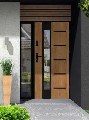 Model UTA LOFT PREMIUM 72 mm front door with sidelight / side panel with black frame and black handle - energy efficient modern external door with mir