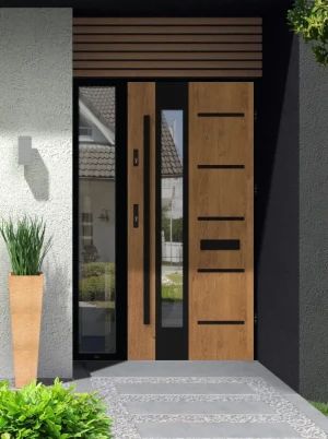 Model UTA LOFT PREMIUM 72 mm front door with sidelight / side panel with black frame and black bar - energy efficient modern external door with mirror
