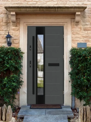 Model CAIMAN BLACK PREMIUM 72 mm front door with black bar – energy efficient [Ud=1.1] modern external door with mirrored glass