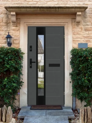 Model CAIMAN BLACK PREMIUM 72 mm front door with black handle – energy efficient [Ud=1.1] modern external door with mirrored glass