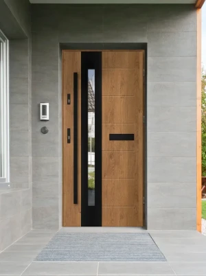 Model TULUZA BLACK PREMIUM 72 mm front door with black bar – energy efficient [Ud=1.1] modern external door with mirrored glass