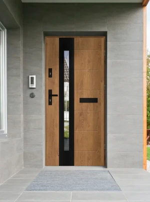 Model TULUZA BLACK PREMIUM 72 mm front door with black handle – energy efficient [Ud=1.1] modern external door with mirrored glass