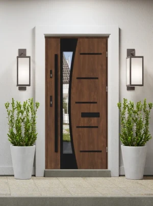 Model AGAMA BLACK PREMIUM 72 mm front door with black bar – energy efficient [Ud=1.1] modern external door with mirrored glass