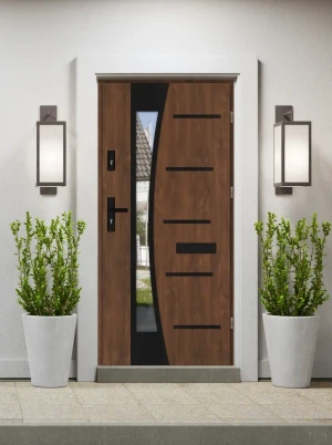 Model AGAMA BLACK PREMIUM 72 mm front door with black handle – energy efficient [Ud=1.1] modern external door with mirrored glass