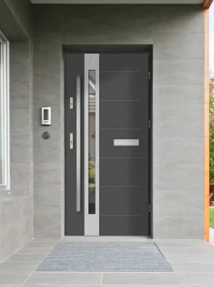 Contemporary external door and frame set triple-glazed mirrored glass - Model SLIM PREMIUM 72mm energy efficient U=1.1 with bar Inox Design
