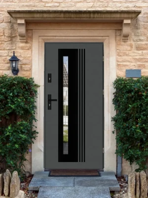 Model COLLARIS BLACK PREMIUM 72 mm front door with black handle – energy efficient [Ud=1.1] modern external door with mirrored glass