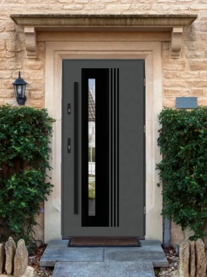 Model COLLARIS BLACK PREMIUM 72 mm front door with black bar – energy efficient [Ud=1.1] modern external door with mirrored glass