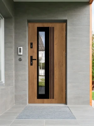 Model VARIUS BLACK PREMIUM 72 mm front door with black handle – energy efficient [Ud=1.1] modern external door with mirrored glass