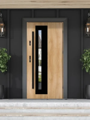 Model NATRIX BLACK PREMIUM 72 mm front door with black bar – energy efficient [Ud=1.1] modern external door with mirrored glass