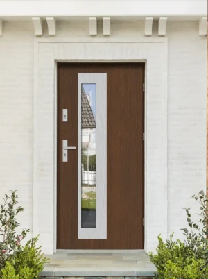 Model PALLAS PREMIUM 72 mm front door with handle – energy efficient [Ud=1.1] modern external door with triple-glazed mirrored glass Inox Design