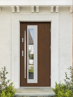 Model PALLAS PREMIUM 72 mm front door with bar – energy efficient [Ud=1.1] modern external door with triple-glazed mirrored glass Inox Design