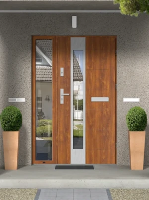 Contemporary energy saving front door and frame set model CAIMAN PREMIUM 72mm with glazed side panel and handle bespoke Inox Design C