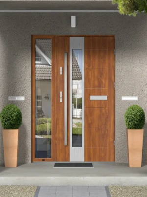Contemporary energy saving front door and frame set model CAIMAN PREMIUM 72mm with glazed side panel and bar bespoke Inox Design D